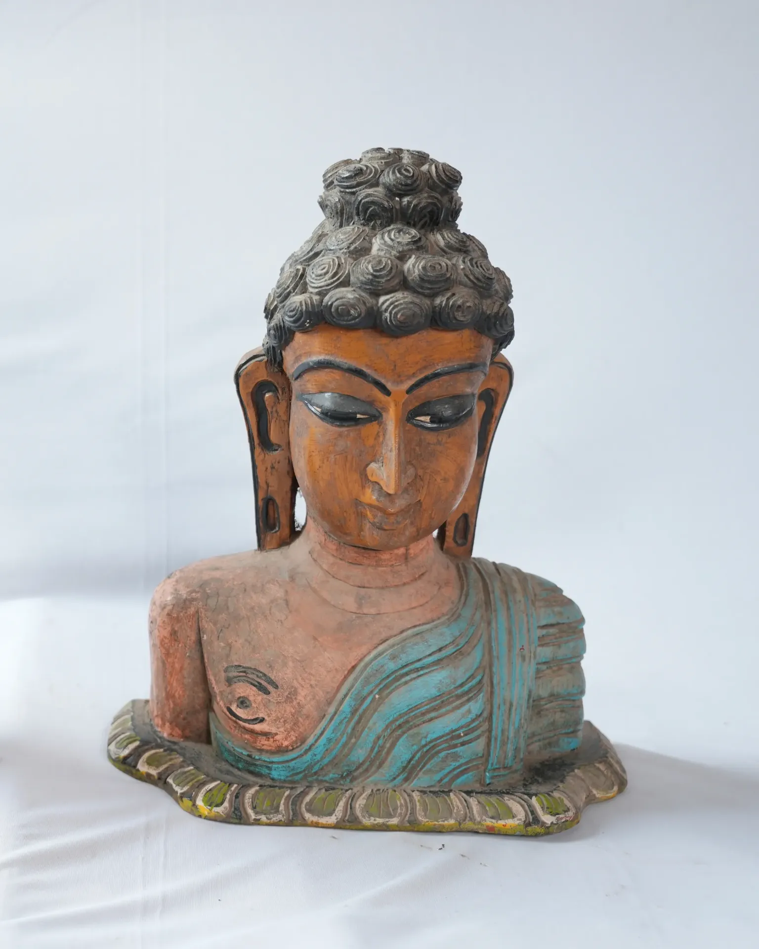 Polychrome Carved Buddha Bust