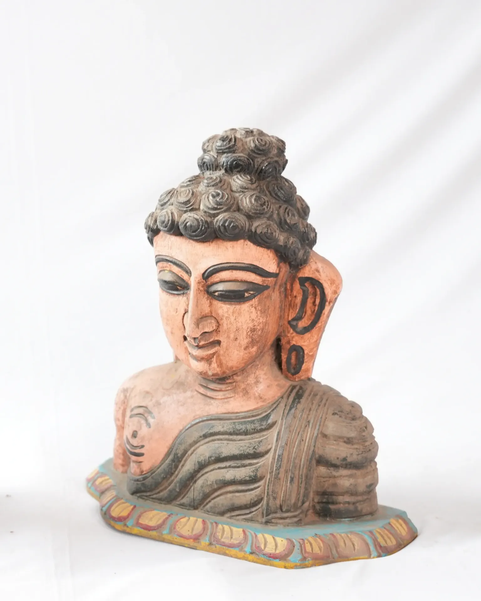 Polychrome Buddha Bust with Gilded Lotus Base
