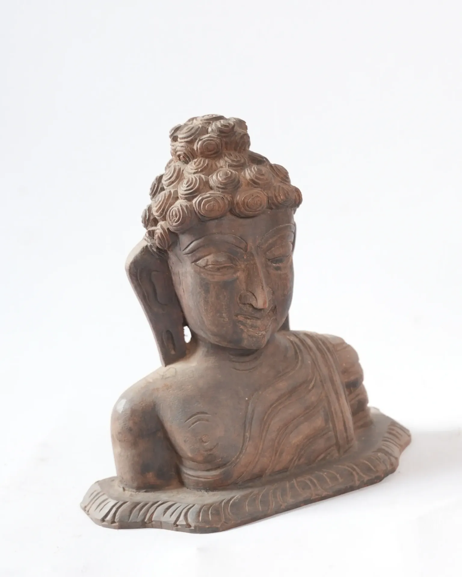 Carved Wooden Buddha Bust — Natural Finish