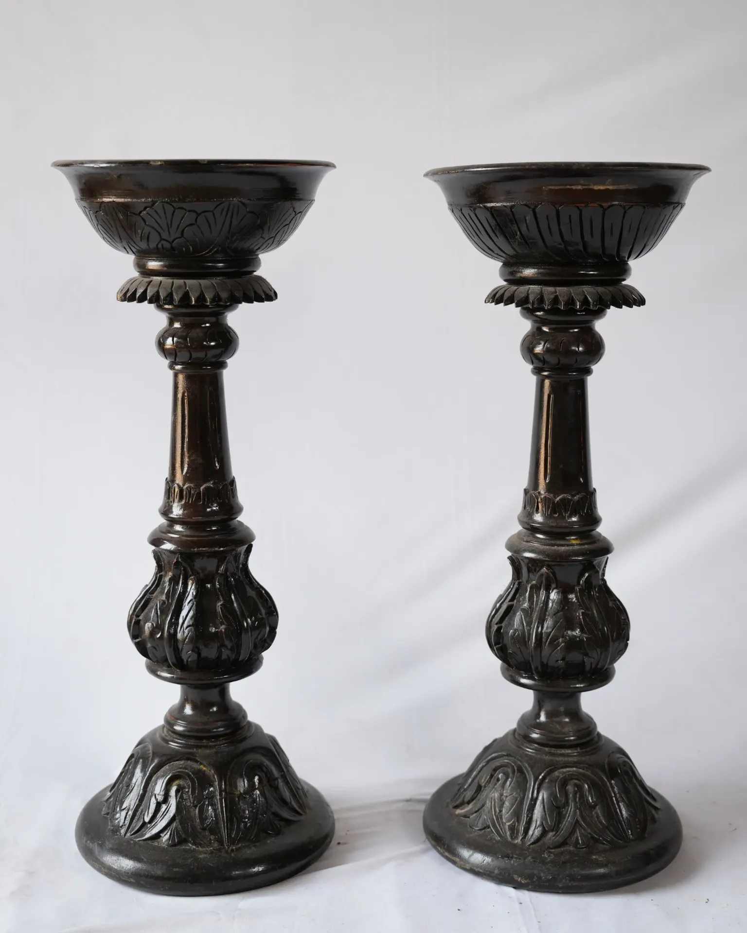 Carved Lotus Pedestal Stands (Pair)